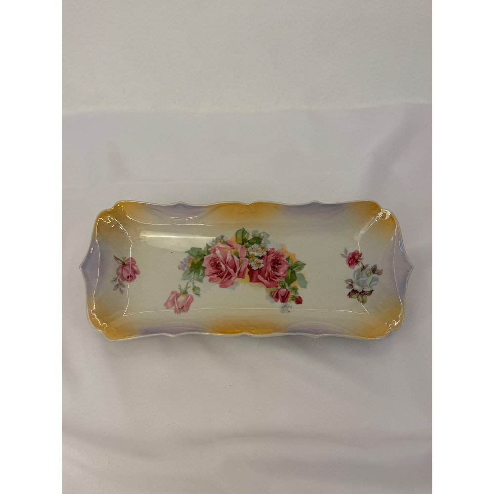 Vintage Bavaria Porcelain Celery Tray Pink Roses Scalloped Rectangular Dish 11in